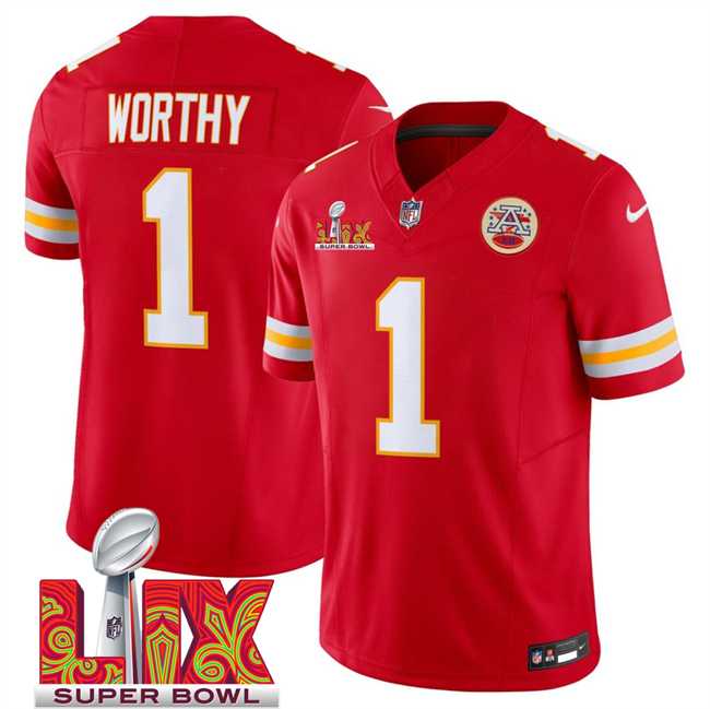 Men & Women & Youth Kansas City Chiefs #1 Xavier Worthy Red 2025 Super Bowl LIX Patch F.U.S.E. Vapor Limited Stitched Jersey